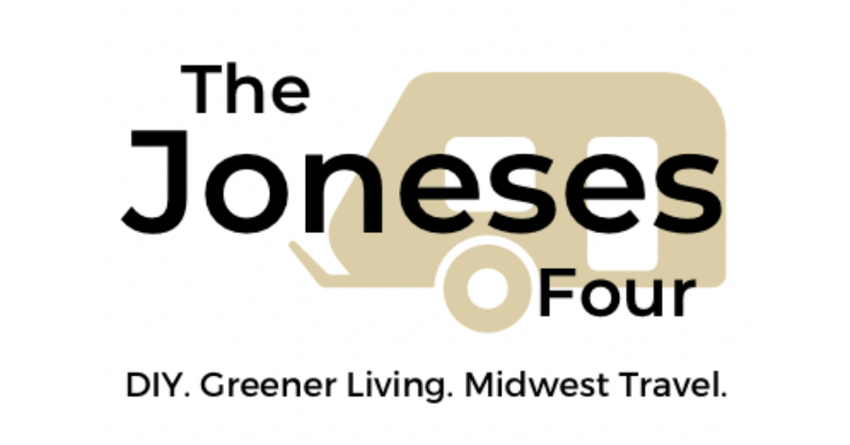 The graphic for The Joneses Four features a tan camper shape in the background. Bottom text states DIY. Greener Living. Midwest Travel.