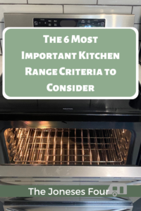 Pinterest image of a stove with a pot on top. Article title "The 6 most important kitchen range criteria to consider" by The Joneses Four.